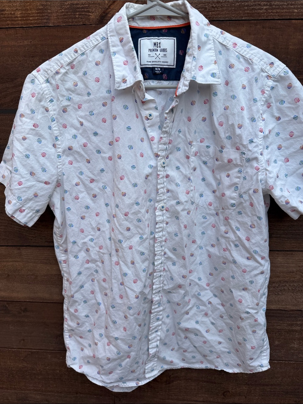MBX White Short-Sleeve Button-Down Shirt with Red & Blue Dot Print